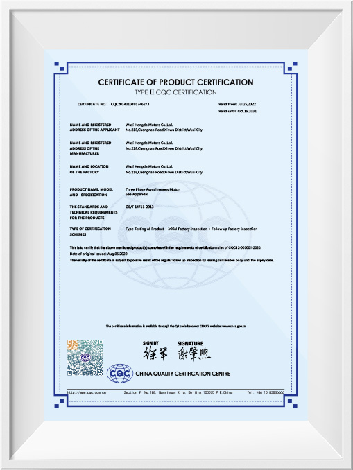 Type II Voluntary Product Certification Certificate - YE3
